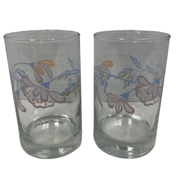 Vintage Libbey Crisa Floral Print Breakfast Juice Glasses Blue Pink 5 Oz 2 Set - Picture 2 of 11